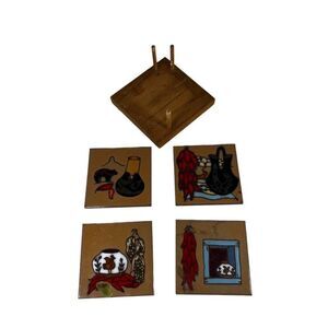 Set of Four Ceramic Tile Trivet Coaster With Holder Southwestern Pottery Clay